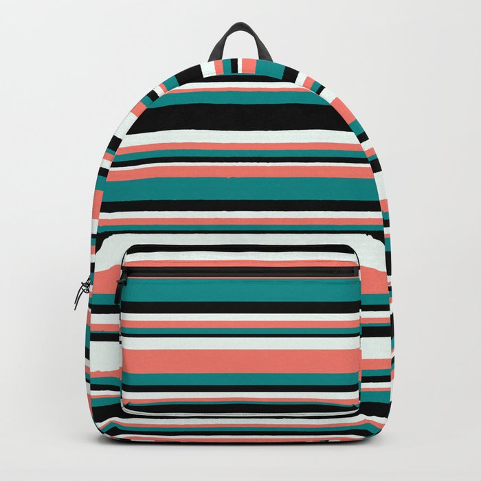 Mint Cream, Salmon, Dark Cyan & Black Colored Lined/Striped Pattern Backpack