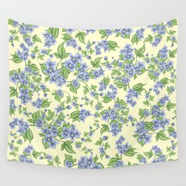Blue Flowers With Leaves On Cream Background Wall Tapestry