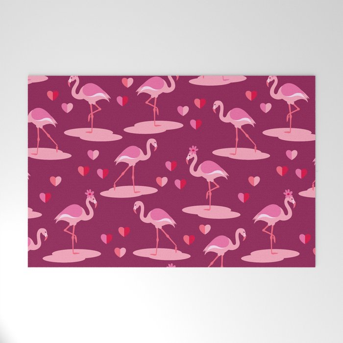 Valentine's Flamingos in love burgundy pattern Welcome Mat