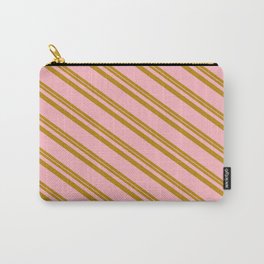 [ Thumbnail: Dark Goldenrod & Light Pink Colored Striped/Lined Pattern Carry-All Pouch ]