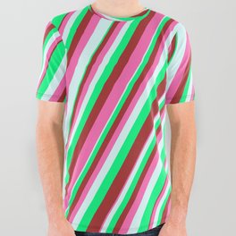[ Thumbnail: Green, Brown, Hot Pink & Light Cyan Colored Striped Pattern All Over Graphic Tee ]