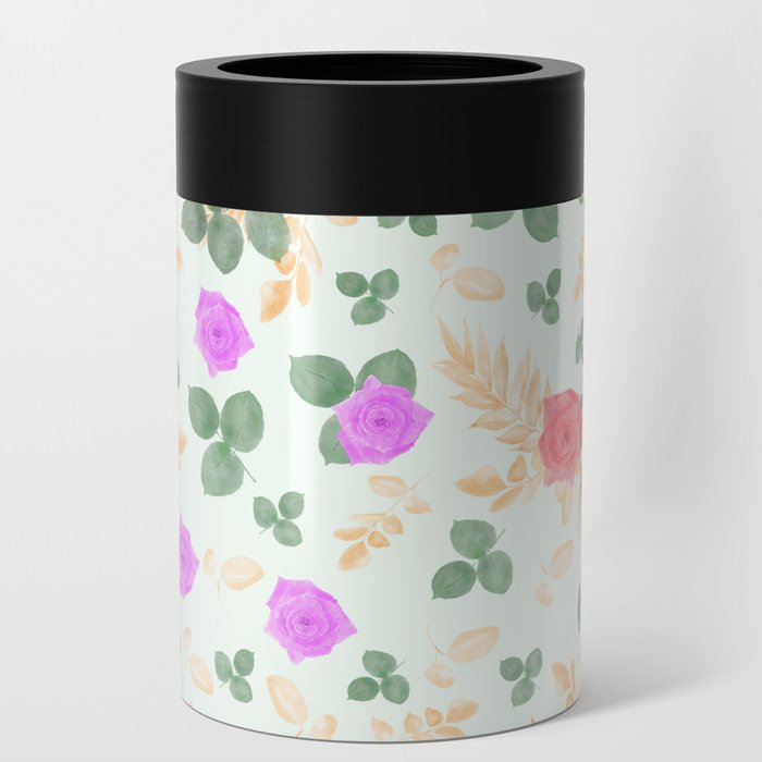 Watercolor floral pink and red rose leaf Can Cooler