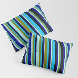 [ Thumbnail: Eyecatching Deep Sky Blue, Green, Turquoise, Dark Blue, and Black Colored Pattern of Stripes Pillow Sham ]
