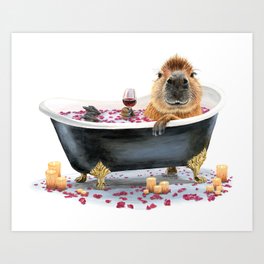 Happy Cappy Bath capybara with wine Art Print