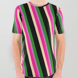 [ Thumbnail: Vibrant Deep Pink, Beige, Black, Forest Green, and Orchid Colored Lines Pattern All Over Graphic Tee ]