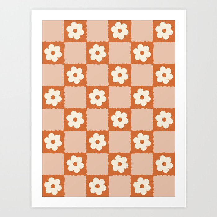 Flower Checker in Burnt Orange  Art Print