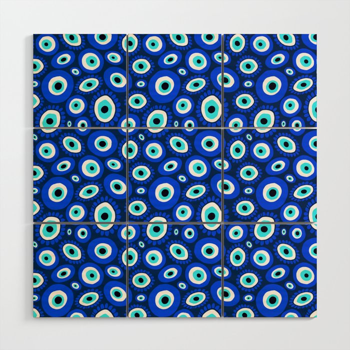 Evil Eye Symbol Blue White Pattern Wood Wall Art