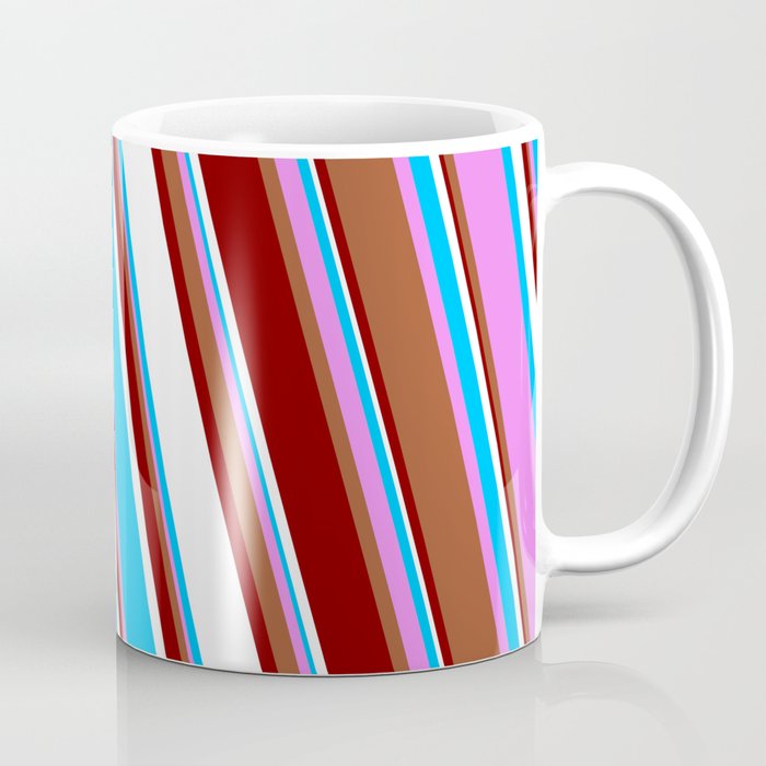 Vibrant Violet, Sienna, Maroon, White, and Deep Sky Blue Colored Stripes Pattern Coffee Mug