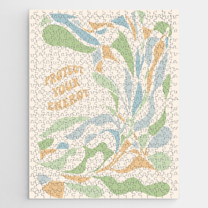 PROTECT YOUR ENERGY with Liquid retro abstract pattern in blue, green and cream Jigsaw Puzzle