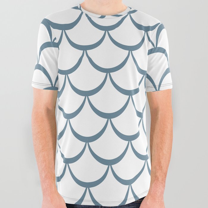Blue Grey and White Mermaid Scales All Over Graphic Tee