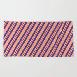 [ Thumbnail: Light Salmon and Dark Slate Blue Colored Lines/Stripes Pattern Beach Towel ]