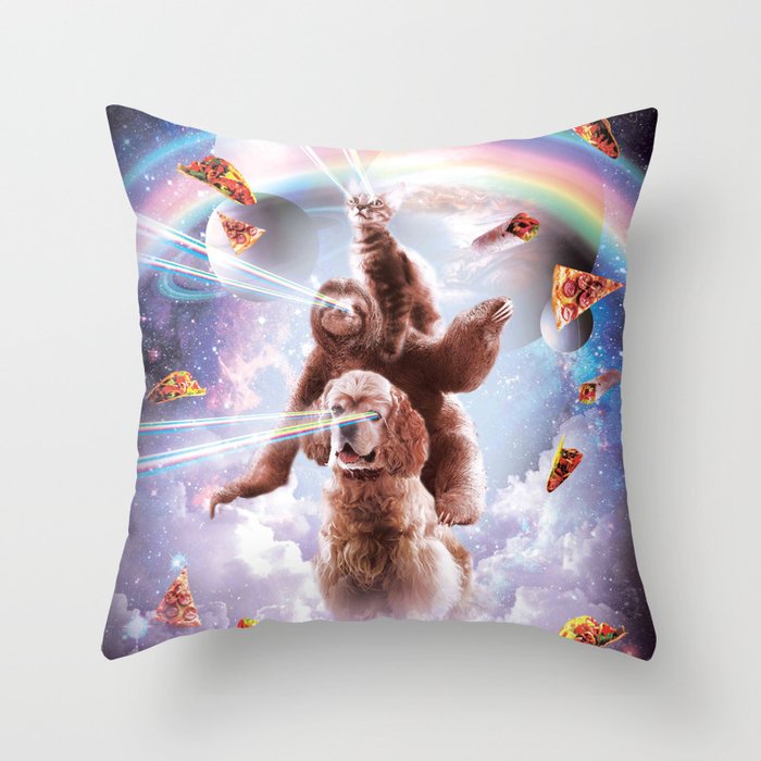 Laser Eyes Space Cat Riding Sloth, Dog - Rainbow Throw Pillow