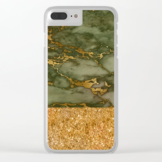 Green Marble with Gold and Glitter Clear iPhone Case