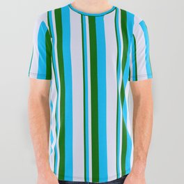 [ Thumbnail: Dark Green, Deep Sky Blue & Lavender Colored Lined/Striped Pattern All Over Graphic Tee ]