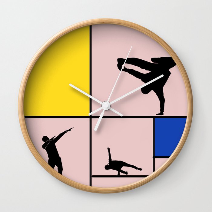 Street dancing like Piet Mondrian - Yellow, and Blue on the pink background Wall Clock