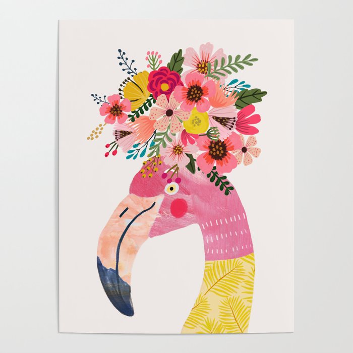 Pink flamingo with flowers on head Poster
