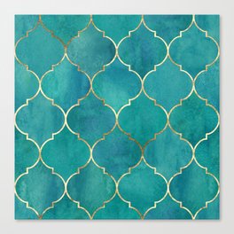 Turquoise Teal Golden Moroccan Quatrefoil Pattern II Canvas Print