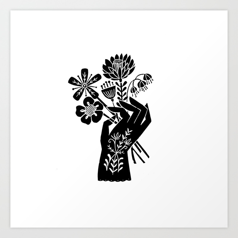Linocut Black And White Hand Holding Flowers Art Printmaking