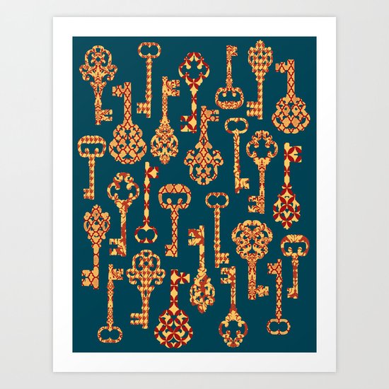 Yellow and Red Skeleton Key Pattern Art Print