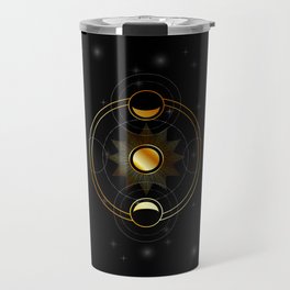 Sun and waxing and waning golden moons in space Travel Mug