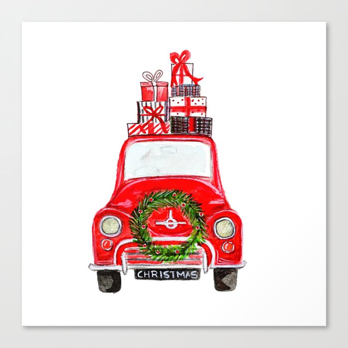 Red Christmas Car - white  Canvas Print