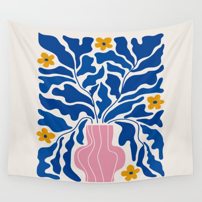 Summer Bloom: Electric Blue Leaves & Golden Poppies Wall Tapestry