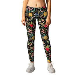 Amazing floral pattern with bright colorful flowers, plants, branches and berries on a black backgro Leggings | Pattern, Nature, Vector, Graphic Design 