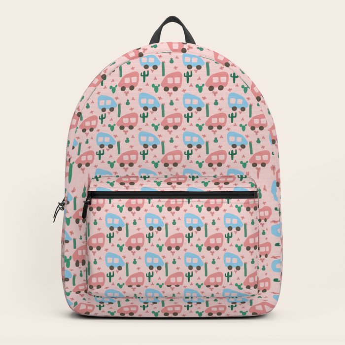 Camper Vans In Blue And Pink With Green Cactus And Pink Flowers