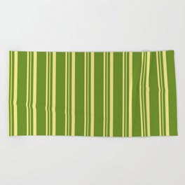 [ Thumbnail: Green and Tan Colored Stripes Pattern Beach Towel ]