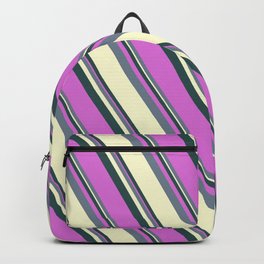 [ Thumbnail: Dark Slate Gray, Orchid, Slate Gray & Light Yellow Colored Striped Pattern Backpack ]
