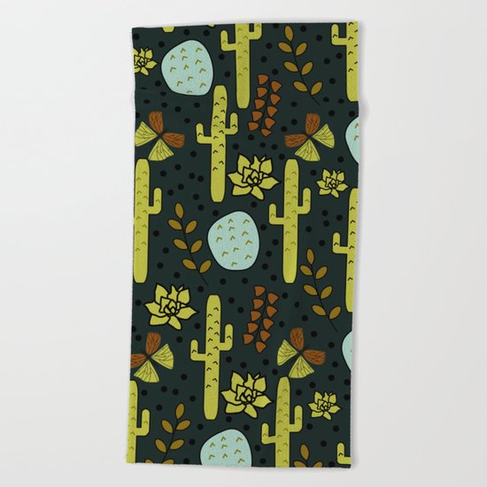 Cacti and butterflies at night Beach Towel