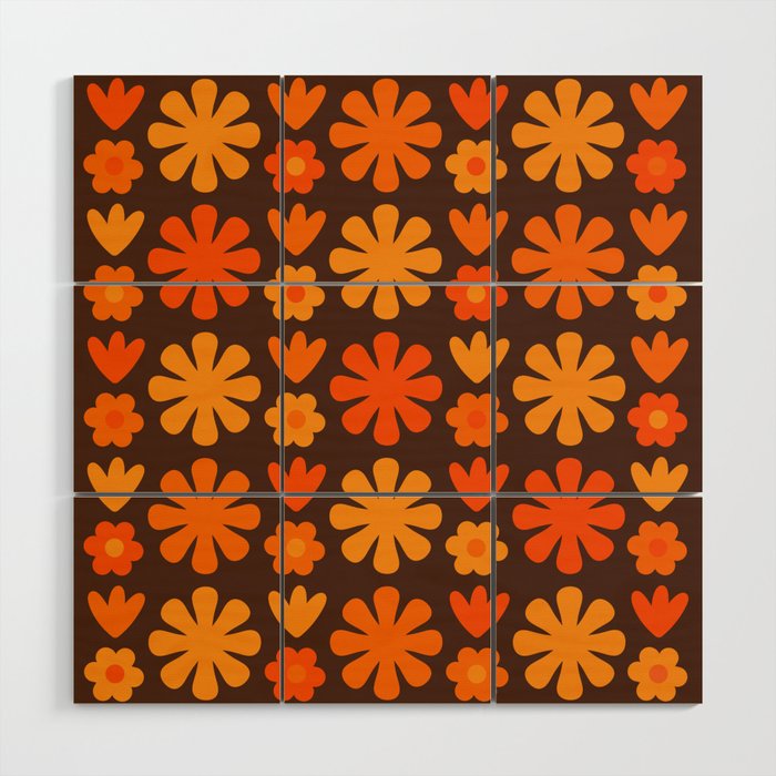 Scandi Floral Grid Retro Flower Pattern in 70s Brown and Orange Wood Wall Art