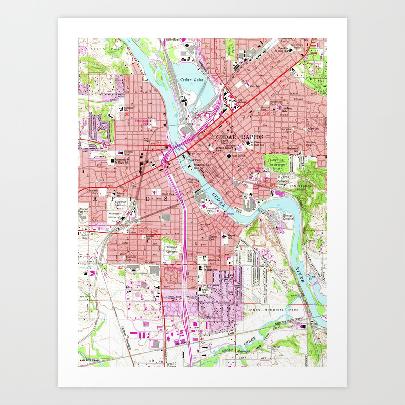 Map Of Cedar Rapids Iowa Vintage Map Of Cedar Rapids Iowa (1967) Art Print By Bravuramedia | Society6