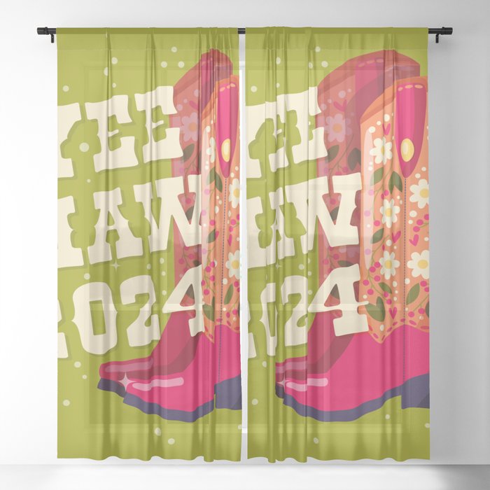A pair of cowboy boots decorated with flowers and a hand lettering message Yeehaw 2024 on green background. Happy New Year colorful hand drawn vector illustration in bright vibrant colors. Greeting card design. Sheer Curtain