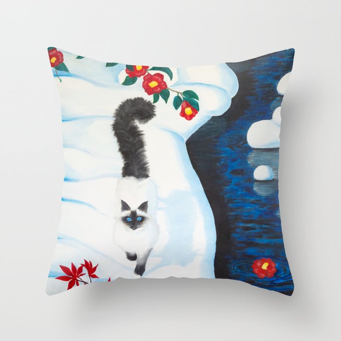 Cat under snow Throw Pillow