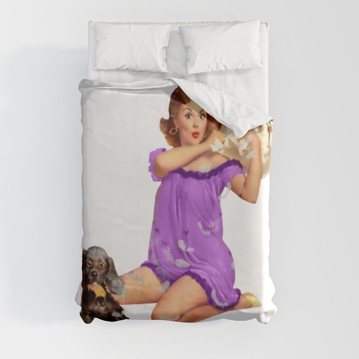 Sexy Vintage Pinup in Lingerie With a Lilly Dog And Feather Pillow Duvet Cover