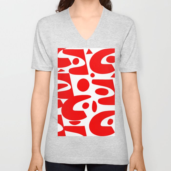 Red and white abstract art organic decorative V Neck T Shirt