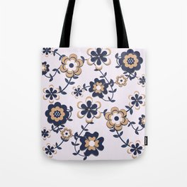Retro 70's Navy Blue-Gold Flower Power Bunch Tote Bag