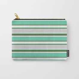 [ Thumbnail: Aquamarine, Dark Olive Green, Light Grey, and Mint Cream Colored Pattern of Stripes Carry-All Pouch ]