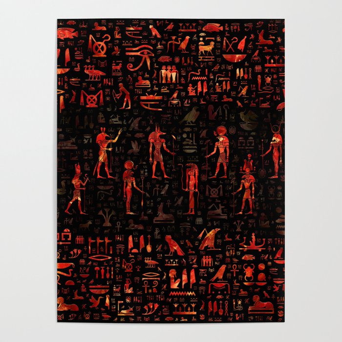 Ancient Egyptian Gods and hieroglyphs - Red Marble Poster