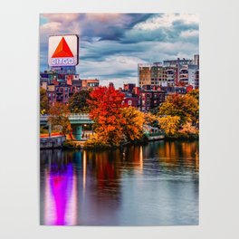 Boston Charles River In The Fall Panorama - Harvard Bridge View Poster