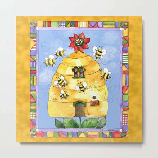 Busy Bees with Border Metal Print