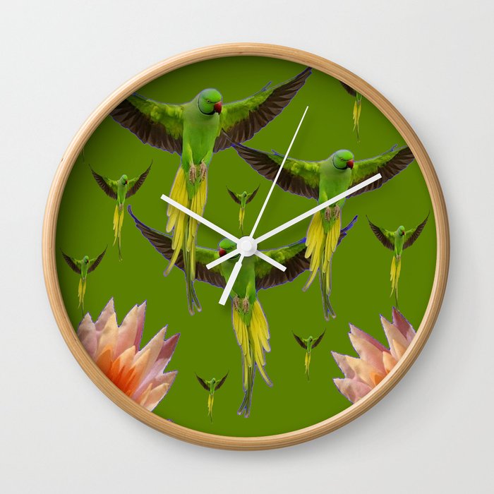 Flock Of Green Flying Fairy Birds Peach Flowers Art Wall Clock