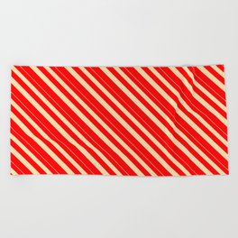 [ Thumbnail: Tan & Red Colored Lined/Striped Pattern Beach Towel ]