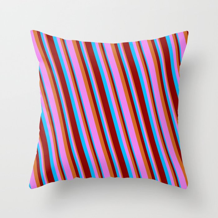 Deep Sky Blue, Dark Red, Chocolate & Violet Colored Lines/Stripes Pattern Throw Pillow