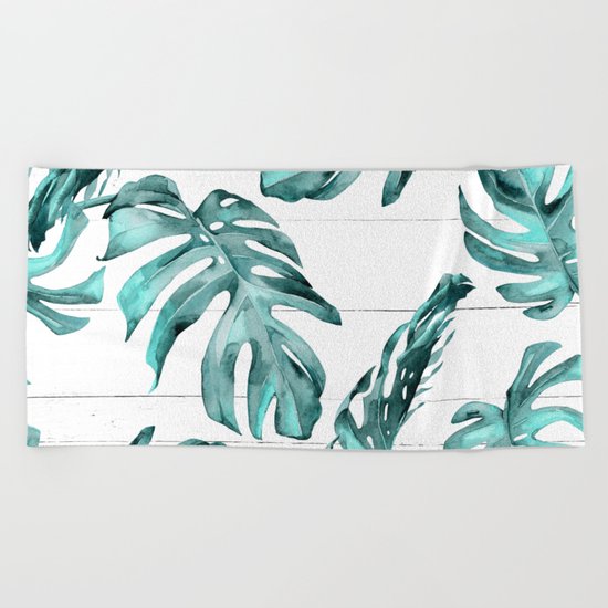 Turquoise Palm Leaves on White Wood Beach Towel