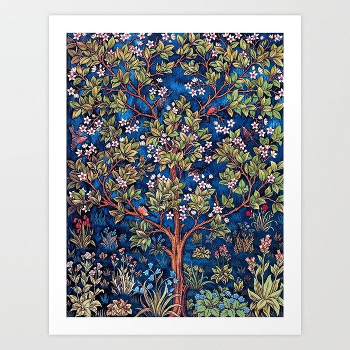 William Morris Tree of Life Blue Twilight floral textile 19th century pattern print for drapes, curtains, pillows, duvets, comforters, and home and wall decor Art Print