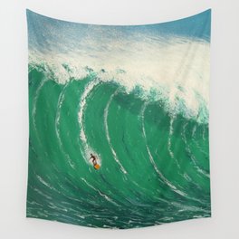 Riding the giant: big-wave surfing in Nazare, Portugal surfing ocean painting in green Wall Tapestry