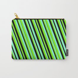 [ Thumbnail: Aquamarine, Green & Black Colored Lines/Stripes Pattern Carry-All Pouch ]