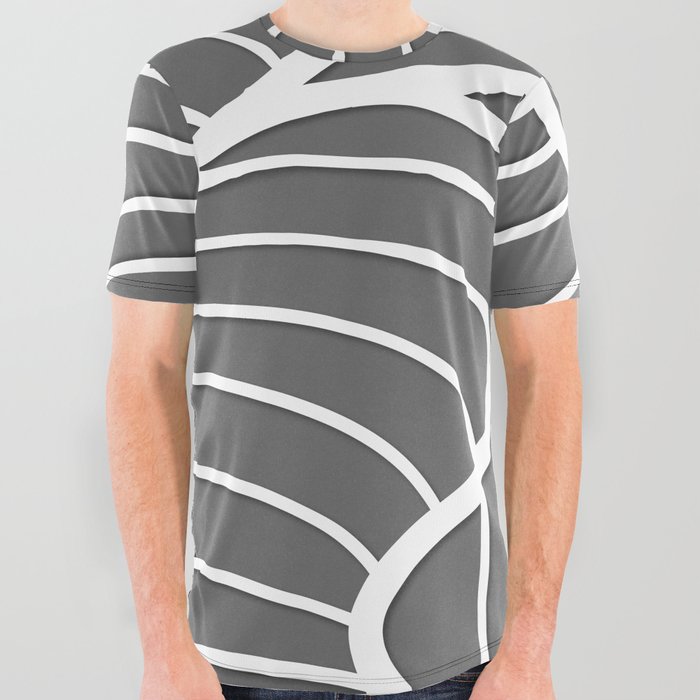 Grey & White Color Leaves Line Design All Over Graphic Tee